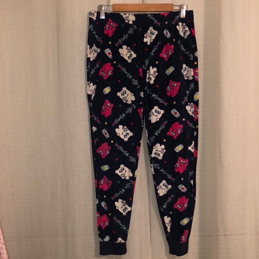 HT M Velour Navy Fuchsia Pink White Yellow Coffee Monster Pajama Jogger